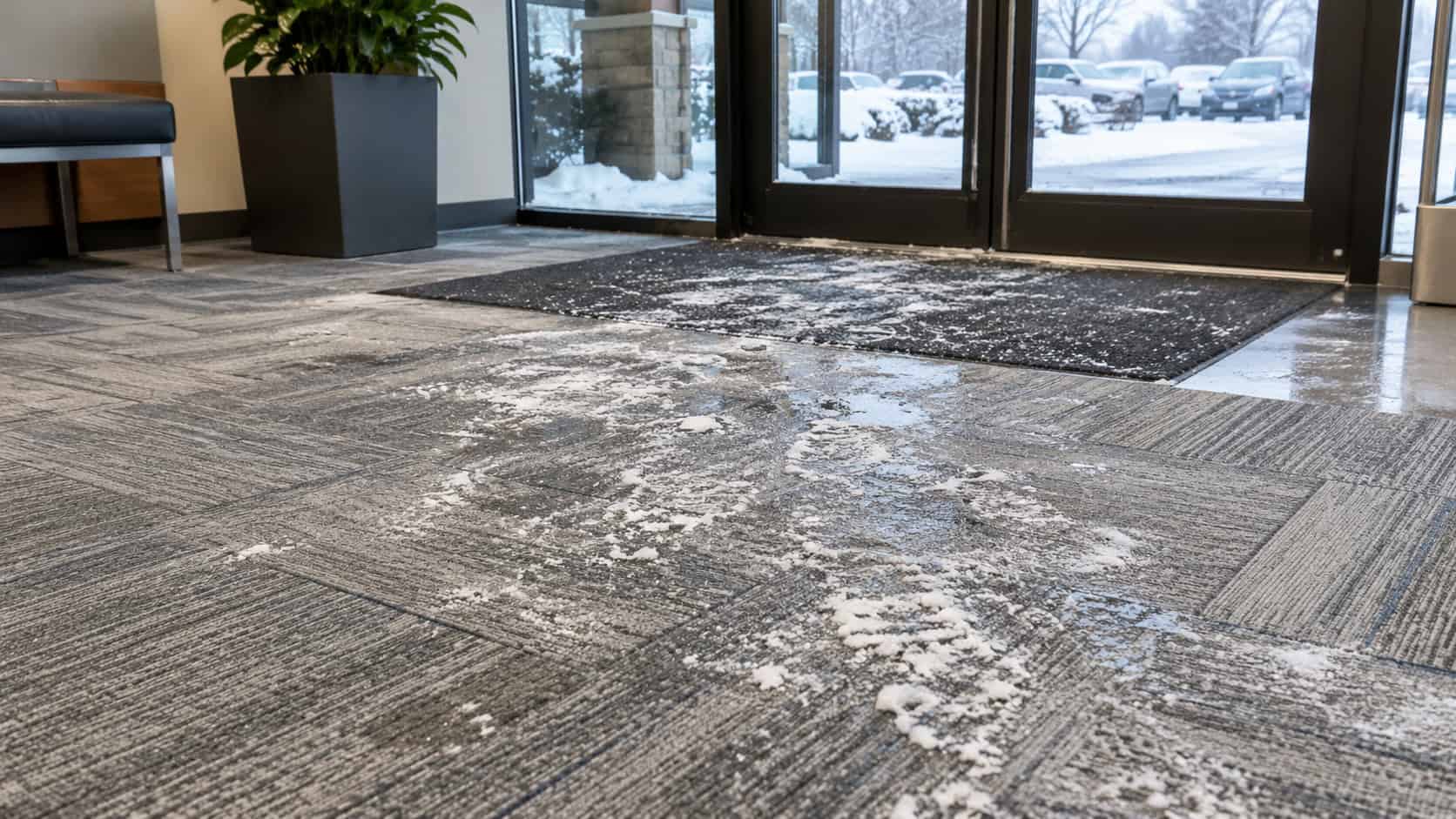 Winter Salt Damage on Carpets: 7 Expert Tips to Prevent and Remove It 1 Commercial entrance showing snow, slush, and salt residue being tracked onto carpet during winter, illustrating where winter salt damage on carpets commonly begins.