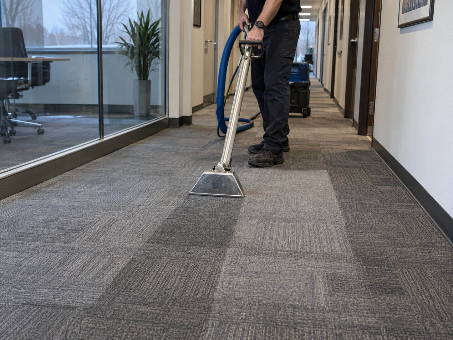 Professional commercial carpet cleaning in an office hallway