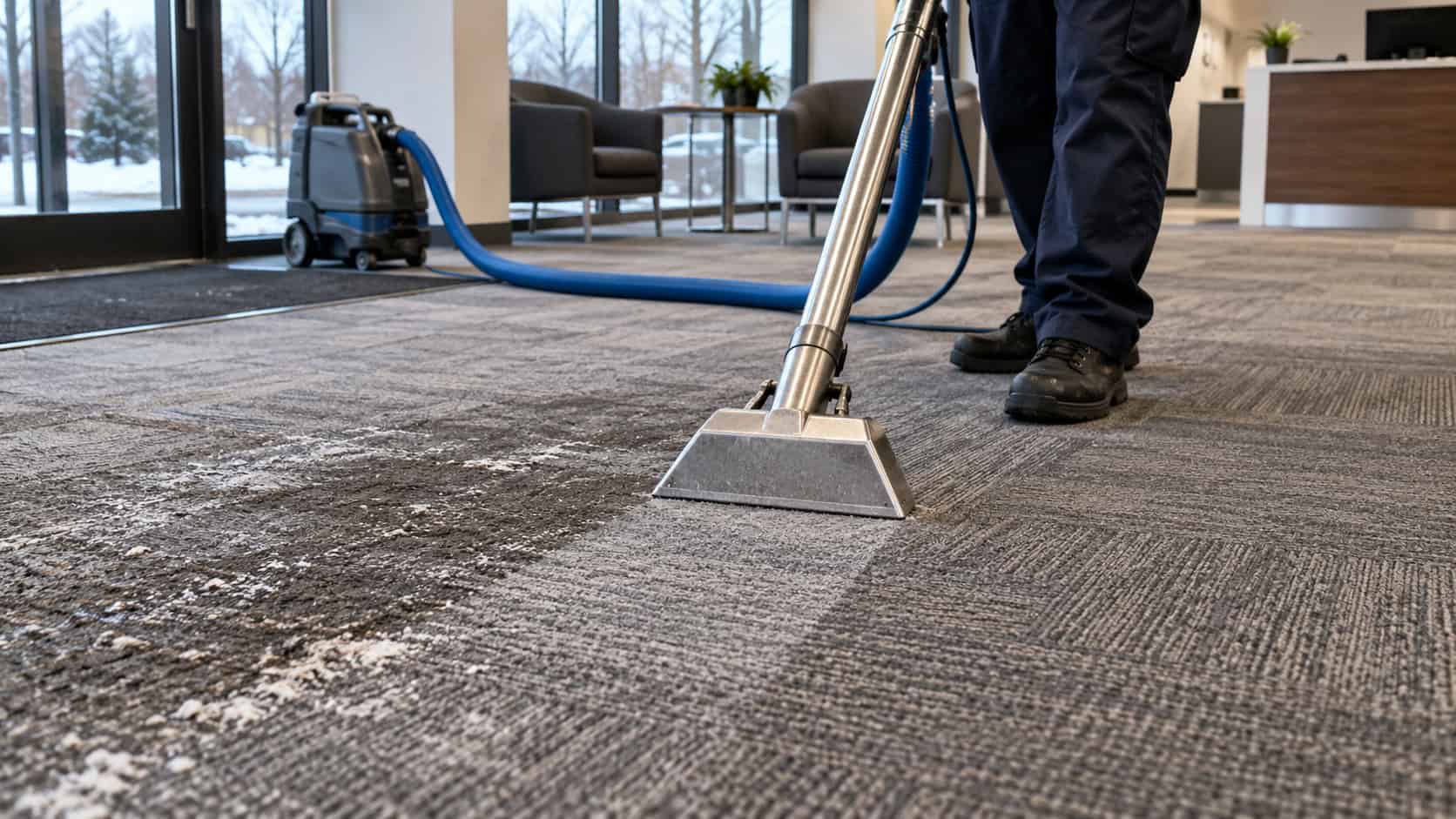 Winter Salt Damage on Carpets: 7 Expert Tips to Prevent and Remove It 2 Professional carpet cleaning in a commercial lobby, illustrating how winter salt damage on carpets and tracked-in winter residue can be professionally cleaned.