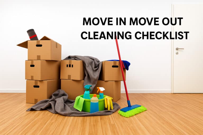 Move in move out cleaning checklist image with moving boxes and house cleaning supplies.