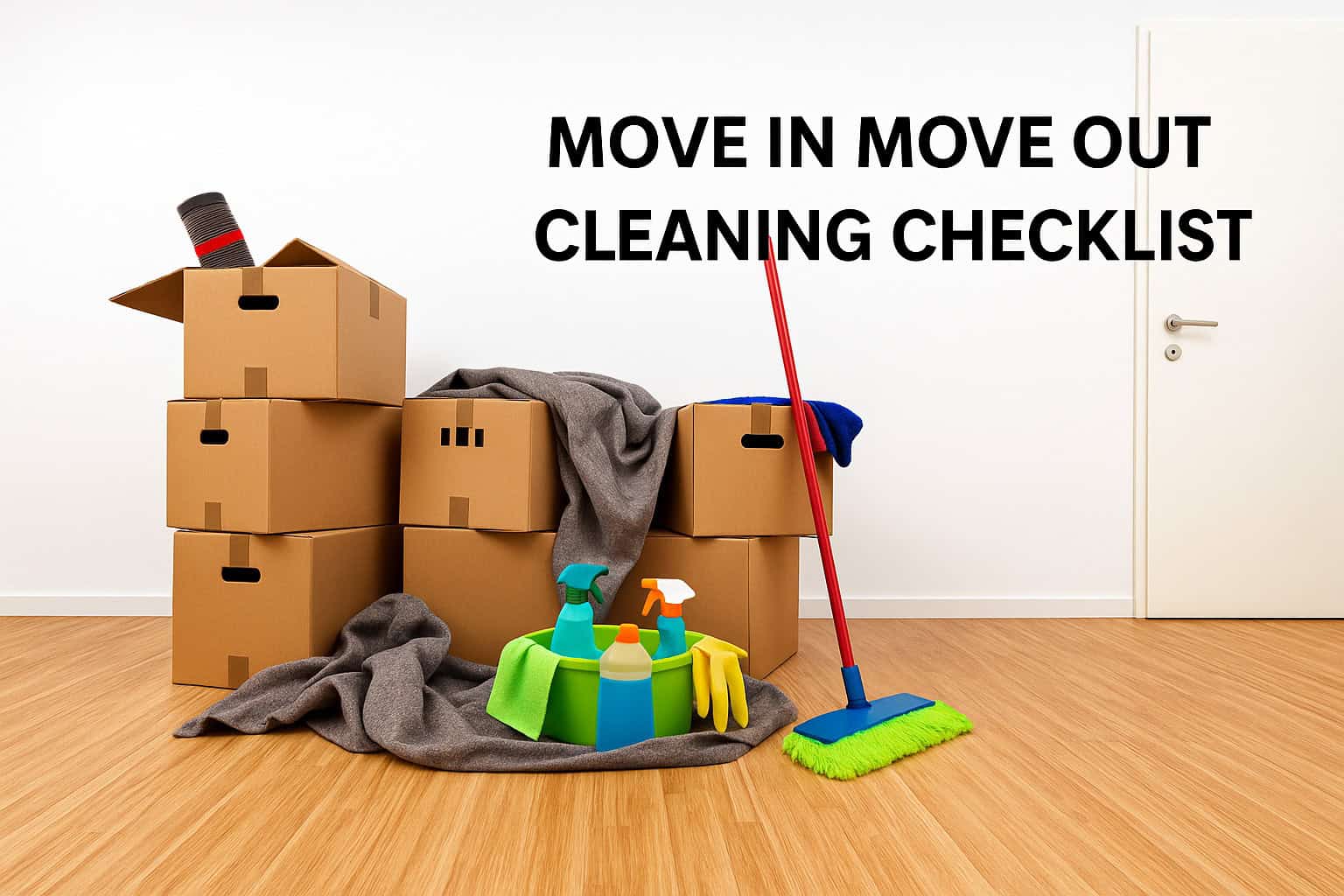 Move in move out cleaning checklist image with moving boxes and house cleaning supplies.