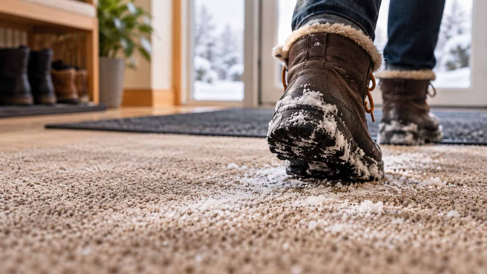 Winter salt damage on carpets from snowy boots and de-icing residue