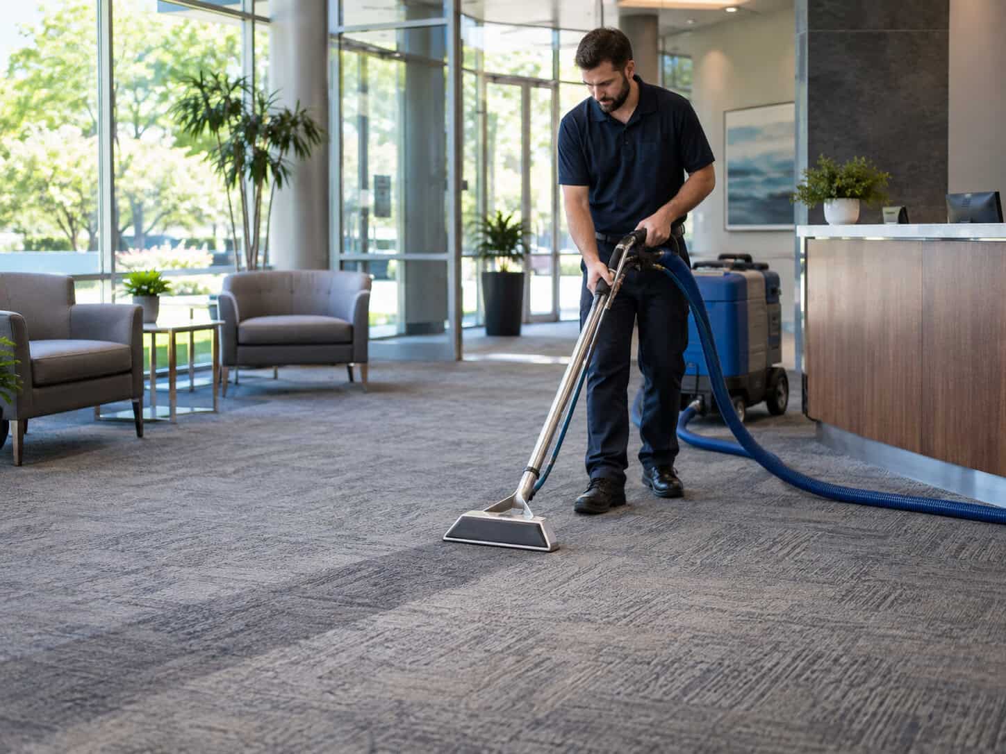 Commercial Carpet Cleaning in Spring and Fall: 8 Essential Benefits 3 Professional commercial carpet cleaning in a modern office lobby