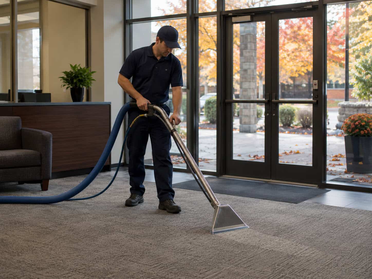 Commercial Carpet Cleaning in Spring and Fall: 8 Essential Benefits 1 Fall commercial carpet cleaning near a building entrance