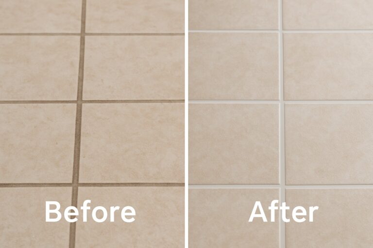 Before and after results of professional tile and grout cleaning with color sealing in Cleveland, OH by Orion Cleaning Solutions.