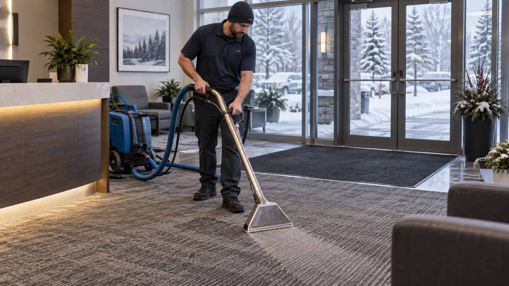 Winter commercial carpet cleaning in a Cleveland-area office lobby