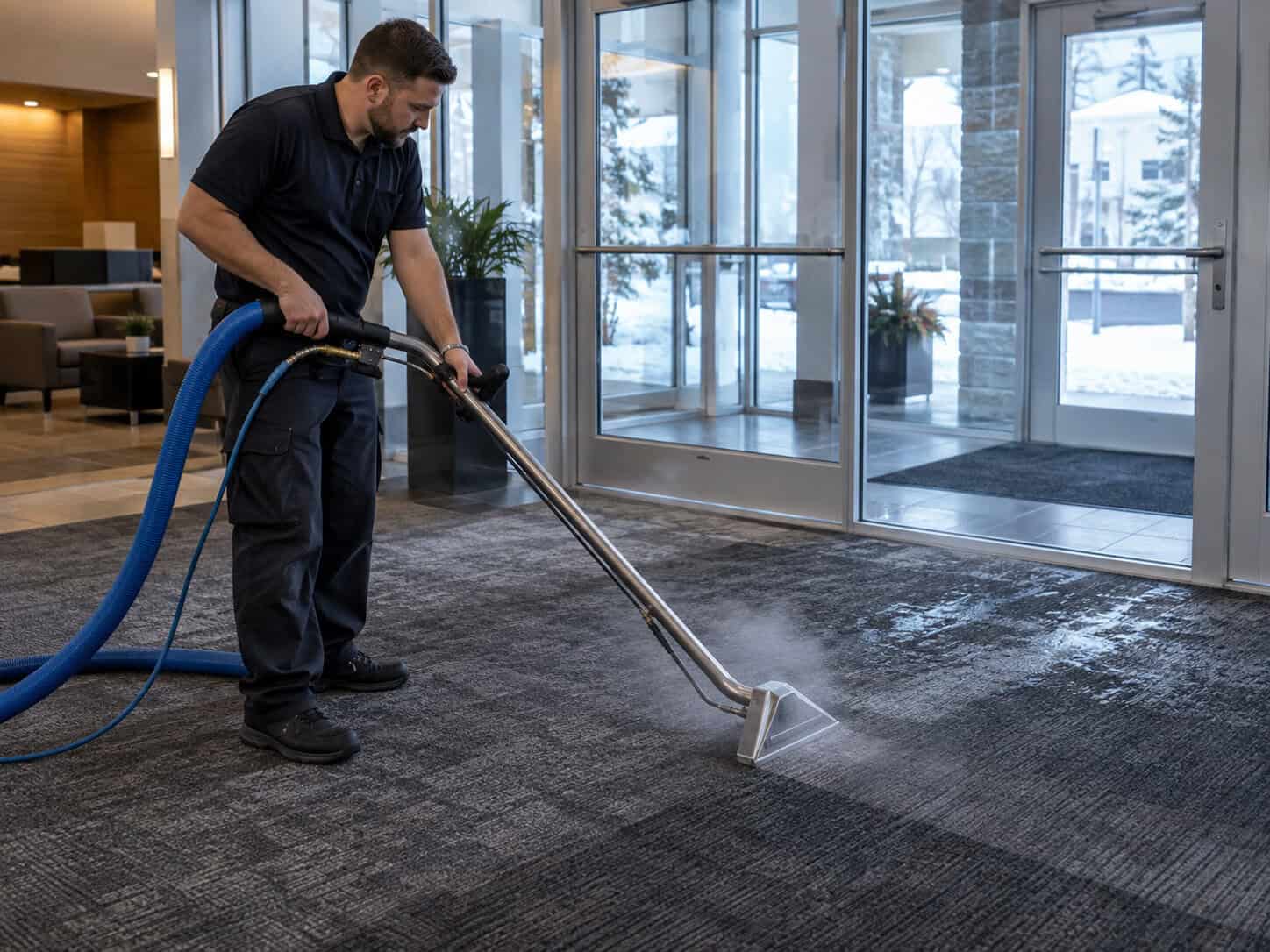 Winter commercial carpet cleaning near a snowy building entrance