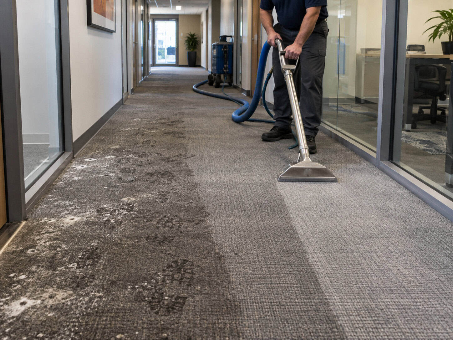 Commercial Carpet Cleaning in Spring and Fall: 8 Essential Benefits 2 Commercial carpet cleaning in a high-traffic office hallway
