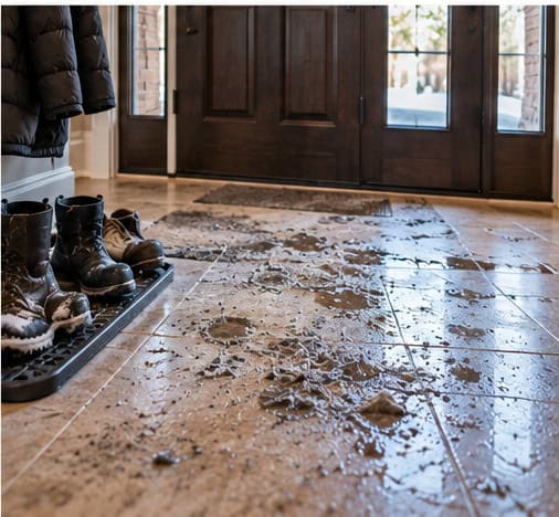 Winter salt, slush, and tracked-in dirt in a Northeast Ohio home entryway