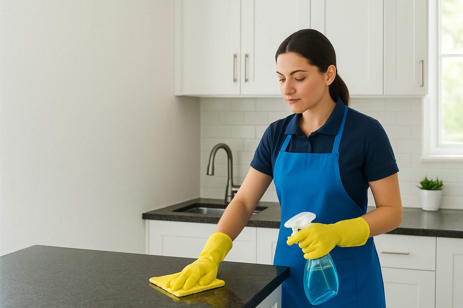 Professional cleaner wiping down a kitchen countertop during a move-in or move-out full house cleaning by Orion Cleaning Solutions in Solon, OH